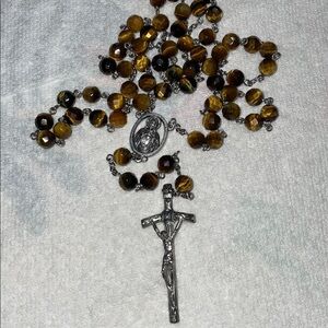 Vintage Silver and Brown Beaded Rosary Necklace